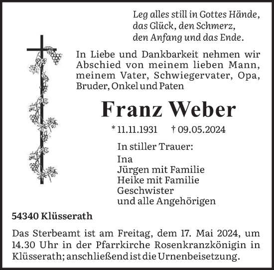 Todesanzeige von Franz Weber von trierischer_volksfreund
