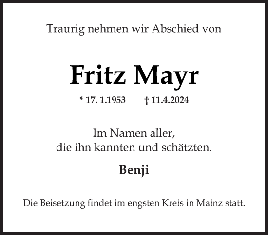 Todesanzeige von Fritz Mayr von trierischer_volksfreund