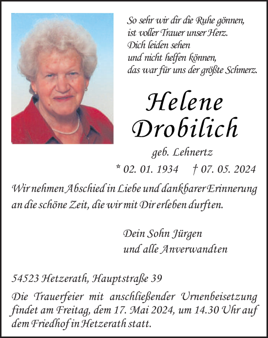 Todesanzeige von Helene Drobilich von trierischer_volksfreund