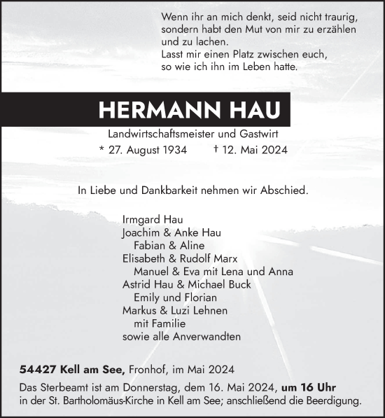 Todesanzeige von Hermann Hau von trierischer_volksfreund