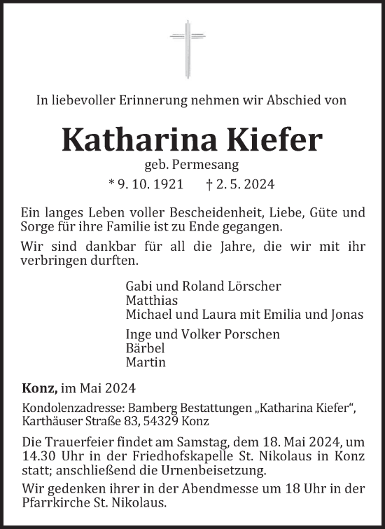 Todesanzeige von Katharina Kiefer von trierischer_volksfreund
