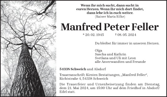 Todesanzeige von Manfred Peter Feller von trierischer_volksfreund