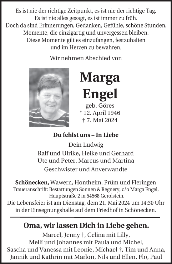 Todesanzeige von Marga Engel von trierischer_volksfreund