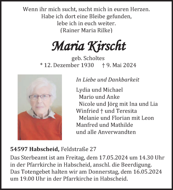 Todesanzeige von Maria Kirscht von trierischer_volksfreund