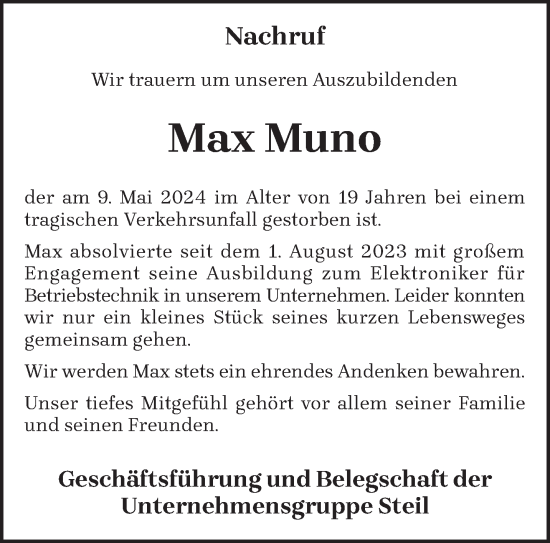 Todesanzeige von Max Muno von trierischer_volksfreund