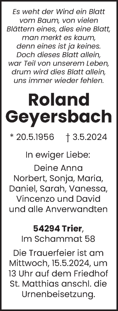 Todesanzeige von Roland Geyersbach von trierischer_volksfreund