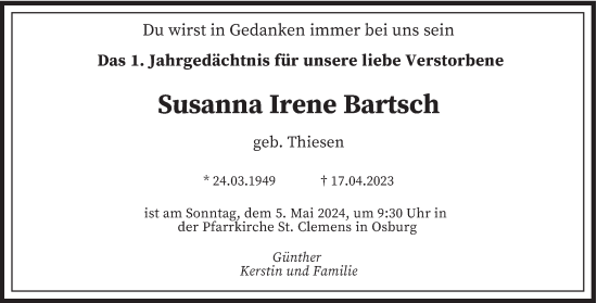 Todesanzeige von Susanna Irene Bartsch von trierischer_volksfreund