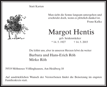 Todesanzeige von Margot Hentis von MZV