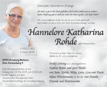 Todesanzeige von Hannelore Katharina Rohde von HSK