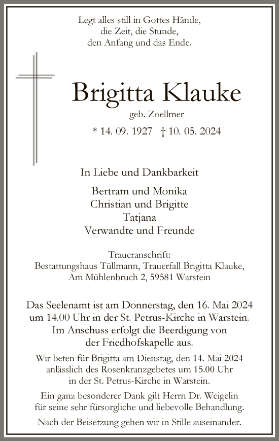 Todesanzeige von Brigitta Klauke von WA