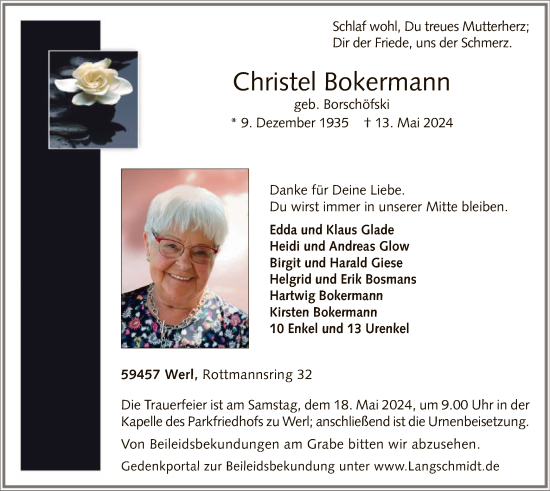 Todesanzeige von Christel Bokermann von WA