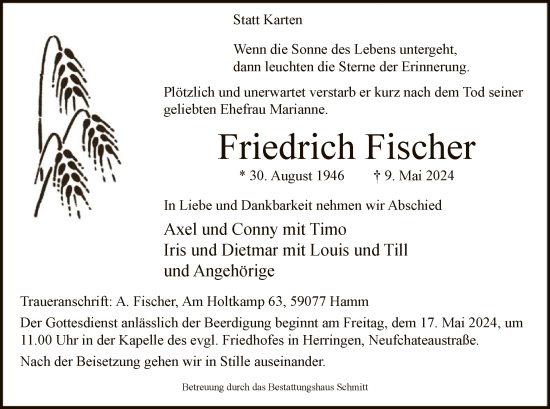 Todesanzeige von Friedrich Fischer von WA