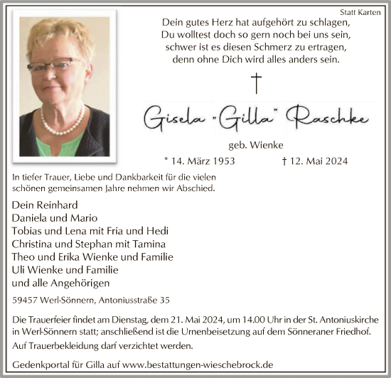 Todesanzeige von Gisela Raschke von WA