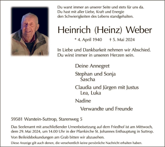 Todesanzeige von Heinrich Weber von WA
