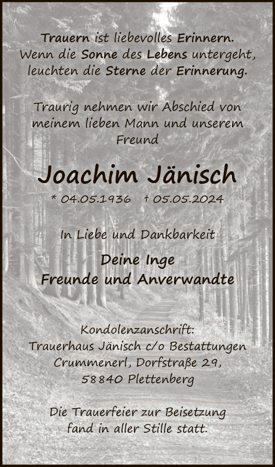 Todesanzeige von Joachim Jänisch von WA
