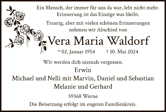 Todesanzeige von Vera Maria Waldorf von WA