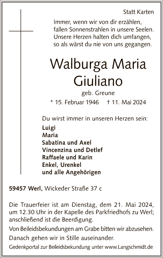 Todesanzeige von Walburga Maria Giuliano von WA