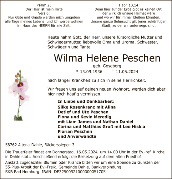 Todesanzeige von Wilma Helene Peschen von WA