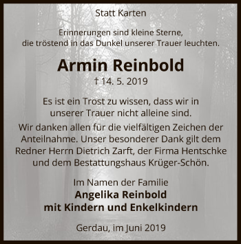 Todesanzeige von Armin Reinbold von Uelzen