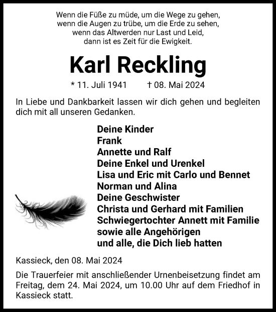 Todesanzeige von Karl Reckling von UEL