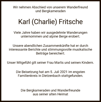 Todesanzeige von Karl Fritsche von WRS