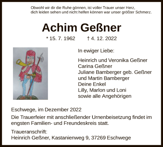 Todesanzeige von Achim Geßner von WRS