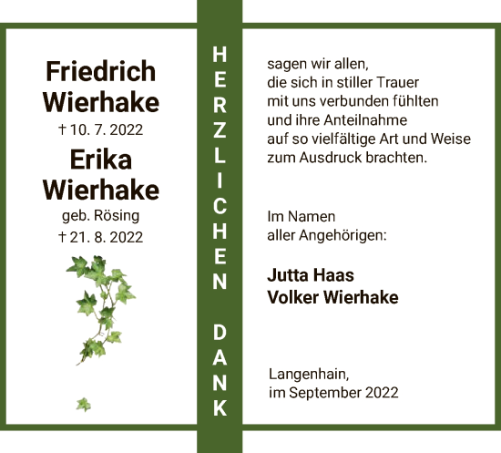 Todesanzeige von Friedrich und Erika Wierhake von WRS