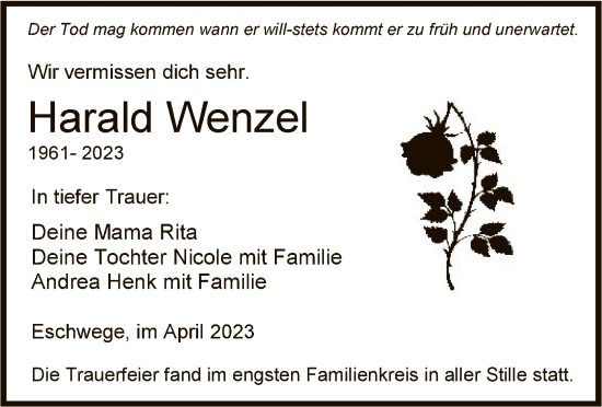 Todesanzeige von Harald Wenzel von WRS