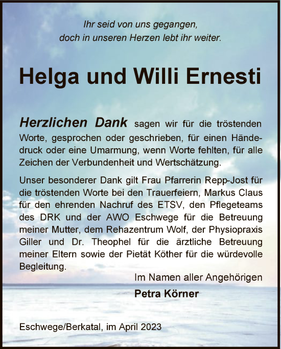 Todesanzeige von Helga und Willi Ernesti von WRS
