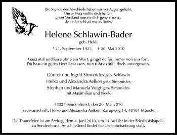 Todesanzeige von Helene Schlawin-Bader von Westfälische Nachrichten