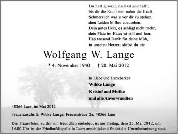Todesanzeige von Wolfgang W. Lange von Westfälische Nachrichten