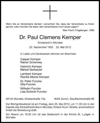 Todesanzeige von Paul Clemens Kemper von Westfälische Nachrichten