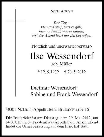 Todesanzeige von Ilse Wessendorf von Westfälische Nachrichten
