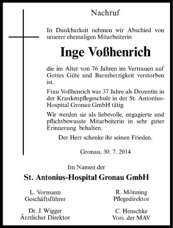 Todesanzeige von Inge Voßhenrich von Westfälische Nachrichten