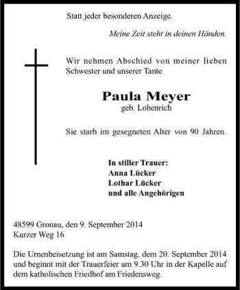 Todesanzeige von Paula Meyer von Westfälische Nachrichten