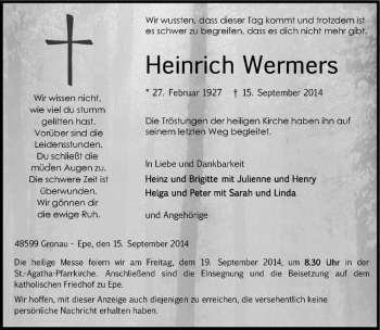 Todesanzeige von Heinrich Wermers von Westfälische Nachrichten