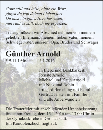 Todesanzeige von Günther Arnold von Trauer.de