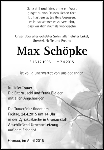 Todesanzeige von Max Schöpke von Trauer.de