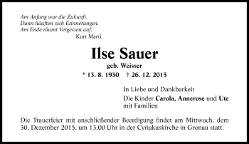 Todesanzeige von Ilse Sauer von Trauer.de