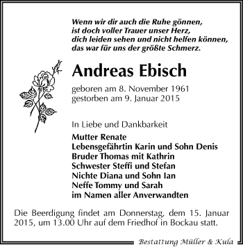 Todesanzeige von Andreas Ebisch von Aue