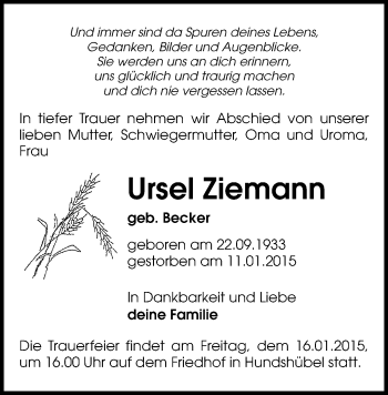 Todesanzeige von Ursel Ziemann von Aue