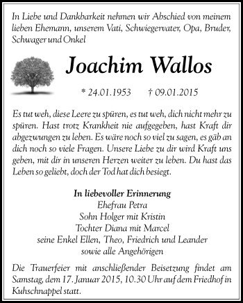 Todesanzeige von Joachim Wallos von Hohenstein-Ernstthal