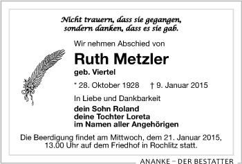 Todesanzeige von Ruth Metzler von Rochlitz