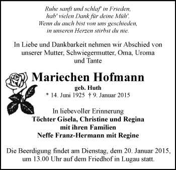 Todesanzeige von Mariechen Hofmann von Stollberg
