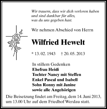 Todesanzeige von Wilfried Hewelt von Werdau