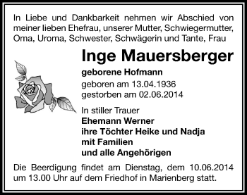 Todesanzeige von Inge Mauersberger von Marienberg