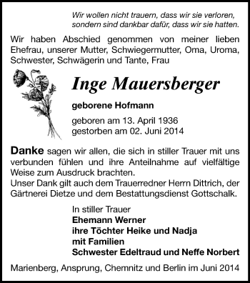 Todesanzeige von Inge Mauersberger von Marienberg