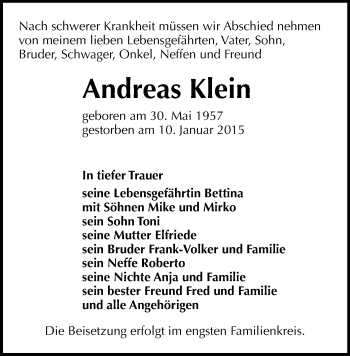 Todesanzeige von Andreas Klein von Annaberg
