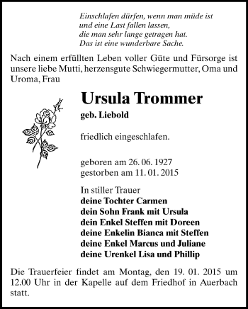 Todesanzeige von Ursula Trommer von Auerbach