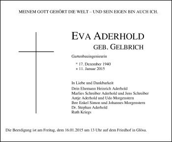 Todesanzeige von Eva Aderhold von Chemnitz